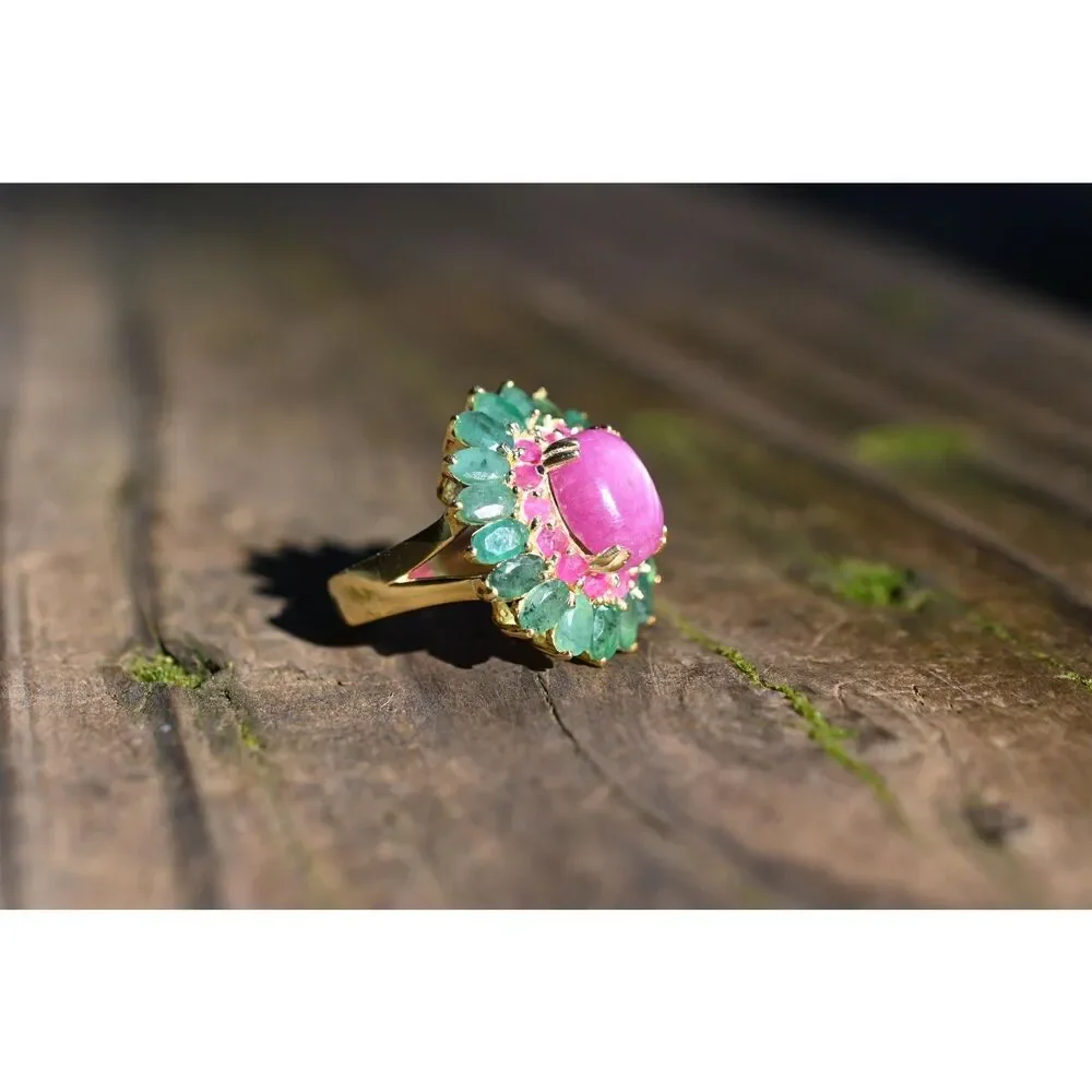 Ruby Emerald Floral Ring – Handmade Boho Statement Ring – Vintage Style Gemstone